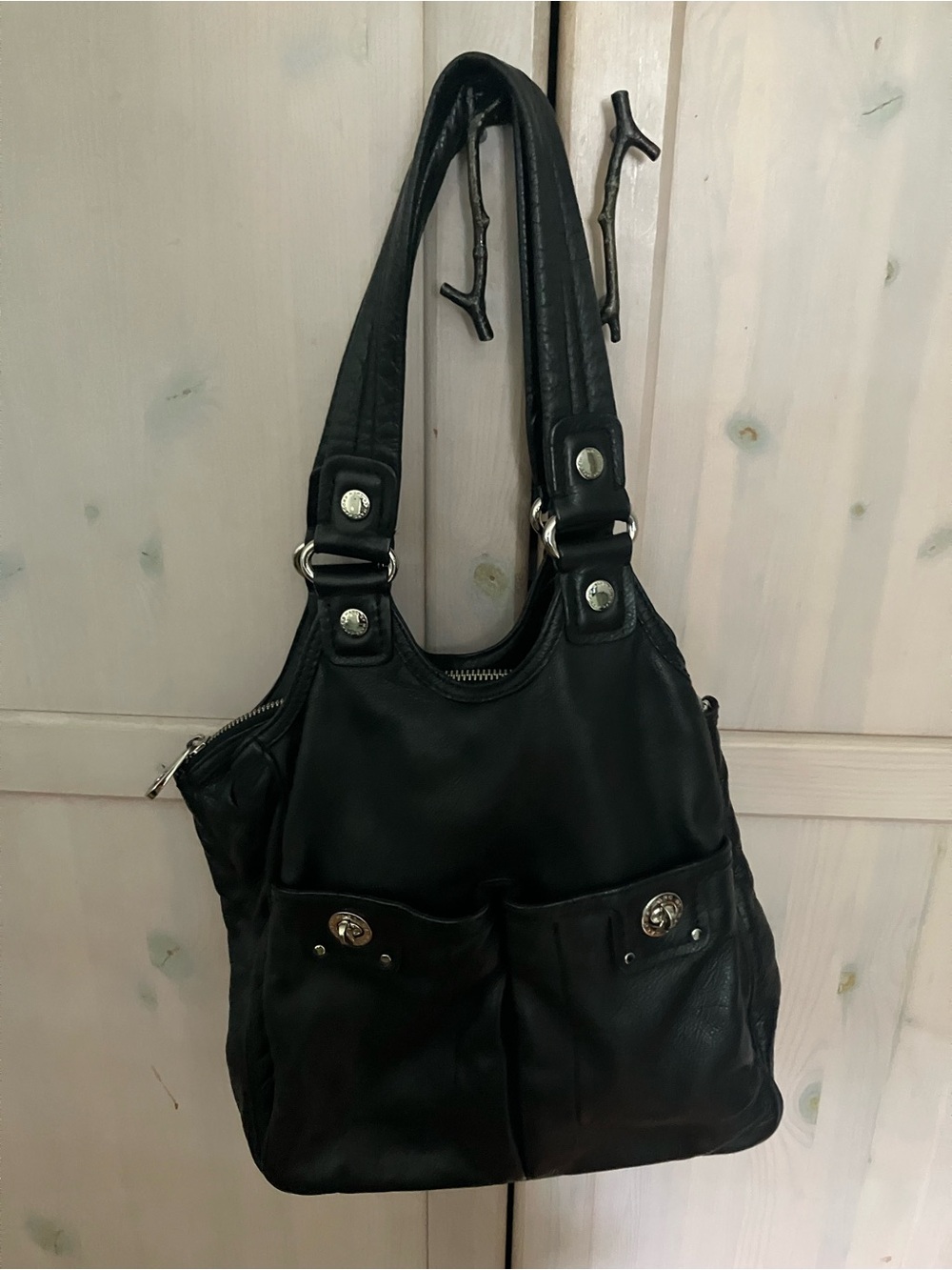 Marc Jacobs Black Leather Shoulder Tote with Front Pocket Details